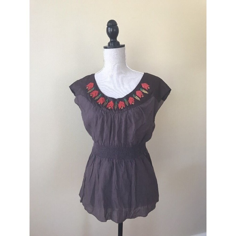 Floreat Anthropologie Brown Beaded Cap Sleeve Top